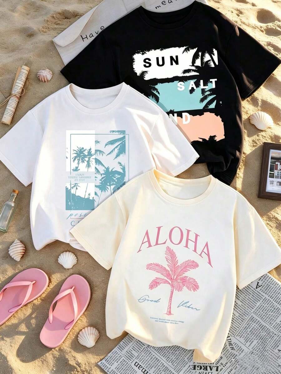 3 pc Conjunto de tres piezas de camiseta de manga corta holgada con cuello redondo y estampado retro de paisaje de coches y sol, unisex, cómodo adecuado para atuendos urbanos, hip-hop, - Blanco - Ver 1