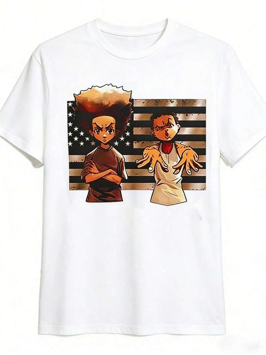 1 Piece Casual Fashion For Men And Women Boondocks Men's Summer Casual T-Shirt Comfortable - Breathable Soft, Slightly Stretchy Street Hip Hop Style T-Shirt 100% Cotton - 白色 - 查看 1
