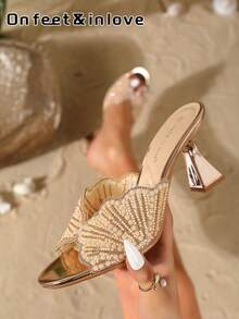 On feet& in love Summer Women's Fashion Elegant Pearl Sequin Round Toe Open Toe Outdoor High Heel Sandals Commute Versatile High Heel Sandals Suitable For Matching Dresses - Champagne - View 1