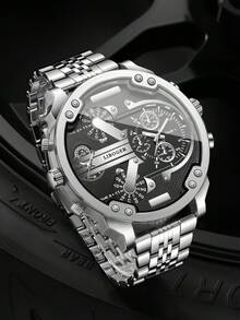 1pc Men's Multi-Time Zone Quartz Watch, All Black Large Dial Multi-Function Alloy Band Wristwatch, Street Style Cool Sports Watch, Versatile Gift, Watch Box Not Included - Silver - View 6