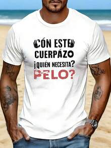 Camiseta de manga corta con cuello redondo para hombre, con estampado de letras en español, moderna, casual, cómoda, versátil, adecuada para todas las estaciones, corte regular. - Negro - Ver 8