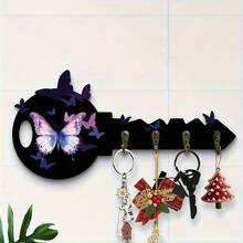 1pc 2D Flat Modern Style Purple Butterfly Pattern Wall-Mounted Key Rack - Natural Wood Key Organizer, 4 Hooks Suitable For Entryway, Bedroom, Office - Perfect Housewarming Gift, Handmade Appearance, Entryway Decor, Durable Wooden Wall Hooks, Great Gift Item - Multicolor - View 2
