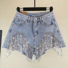 Summer Cut-Off Jeans With Detail Women'S High Waisted Light Wash Shorts With Chain Fringe - Sky Blue - View 13