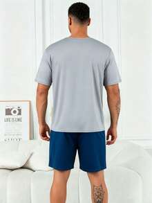 Men's Plus Size Casual Loose Minimalist Sporty Wearable Spring Summer Pocket Crew Neck Short Sleeve T-Shirt And Shorts Pajama Set 2-Piece - Blue and White - View 2