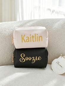1pc Personalized Leather Jewelry Organizer Bag, Personalized Makeup Bag, Bridesmaid Invitation Gift, Travel Toiletry Bag, Customized Embroidered Name Storage Bag, Handbag, Essential For Bride-To-Be, Travel Makeup Bag - Multicolor - View 6