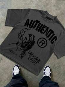 Boys & Teens' Casual Graphic Print Round Neck Short Sleeve T-Shirt, Summer Top - 深灰色 - 查看 2