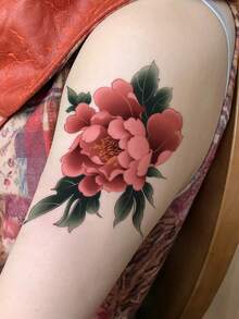 1pc New Chinese-Style Retro Pink Peony Pattern Temporary Tattoo Sticker, With Realistic Tattoo Design. Suitable For Travel, Music Festivals, Games, Graduation Gifts. Lasts For 3-5 Days. - Multicolor - View 3