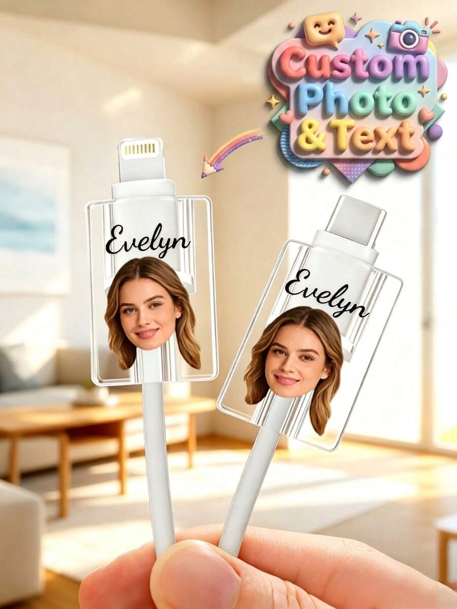 Protector de cable de carga con foto y texto personalizados, protector de cable USB personalizado con nombre e imagen personalizados, decoración de cable acrílica transparente y linda, funda de cable anti-rotura, regalo personalizado único ideal para cumpleaños, días festivos y amigos - Multicolor - Ver 1