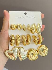 8 Pairs Fashionable Heart Geometric Multi- Gold Metallic Earring Set, Women's Fashion Earring Set, For Daily Wear - Yellow Gold - View 9