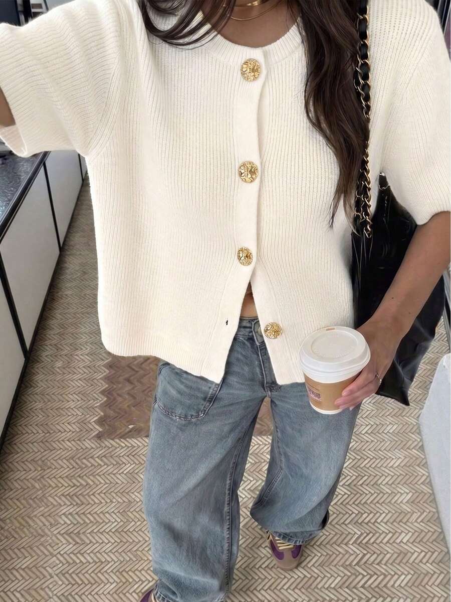 春夏女款法式時尚柔軟蠟感紋理高級寬鬆針織開襟外套,女款短版休閒毛衣上衣 - 乳白色 - 查看 1