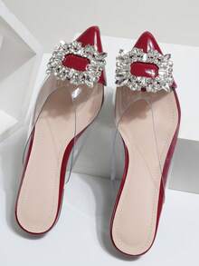 Square Buckle Rhinestone Closed Toe Slippers Women's Outdoor Wear Summer 2026 New French Style Slouchy Mule Sandals - Red - View 4