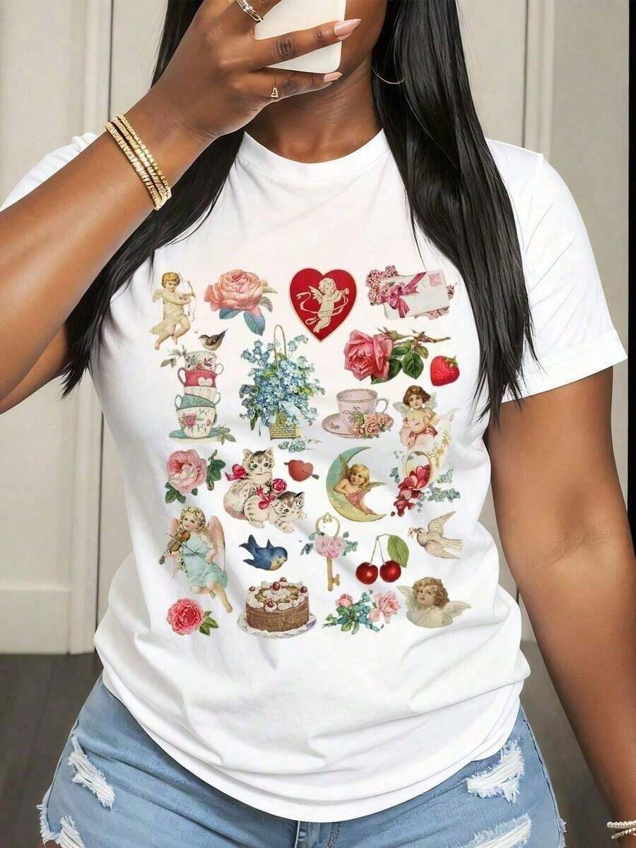 Camiseta de Mujer con Estampado Vintage de Ángeles, Rosas, Cerezas y Gatos, Estilo Casual y a la Moda, Cuello Redondo, para Uso Diario y Ocasiones Especiales, ropa de hombre, México, playera - Blanco - Ver 1