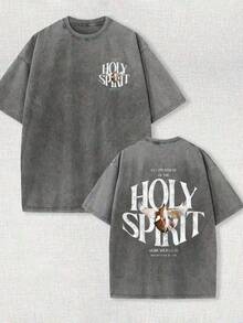 Camiseta Estampada con la Frase "Poder del Espíritu Santo" |   Camiseta vintage lavada de algodón puro |   Cree en el estilo callejero retro |   Camisa casual holgada de verano - Café integral - Ver 6