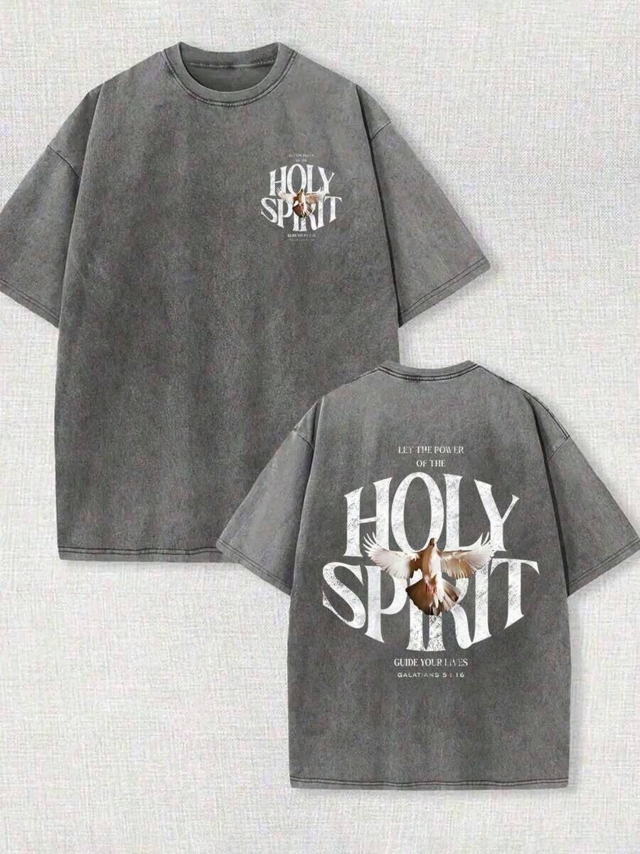 Printed T-Shirt With The Phrase "Power Of The Holy Spirit" | Vintage Washed Pure Cotton T-Shirt | Believe In Retro Street Style | Loose Summer Casual Shirt - 灰色 - 查看 1