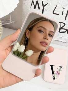 White Mini Initial Folding Portable Makeup Mirror, Printed With Purple Flowers A-Z Letters, With Stand Makeup Mirror, Travel Mirror, Beauty Product, Desktop Makeup Mirror, Rectangular Desktop Compact Makeup Mirror, Foldable Small Minimalist Makeup Mirror, Student Dorm Back To School Mirror, Back To School Gift, Travel Portable Makeup Mirror, Suitable For Women Gifts - Back To School Season, Best Gift For Teachers - Multicolor - View 4