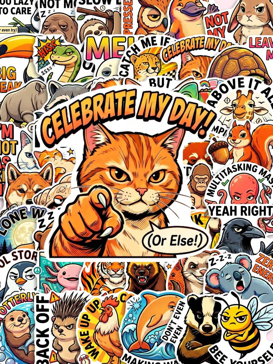 50 pièces Autocollants d'animaux du zoo à l'attitude impertinente, art pop américain de bande dessinée avec citations amusantes, décalcomanies idéales pour le journalisme, le scrapbooking, la bouteille d'eau, l'ordinateur portable DIY & les cadeaux de papeterie pour adolescents - 7*6*1 - Voir 1