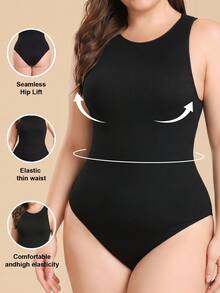 Plus Size Ribbed High Neck Bodysuit For Women, Racerback Tummy Control Butt Lifting Shapewear - Black - View 1
