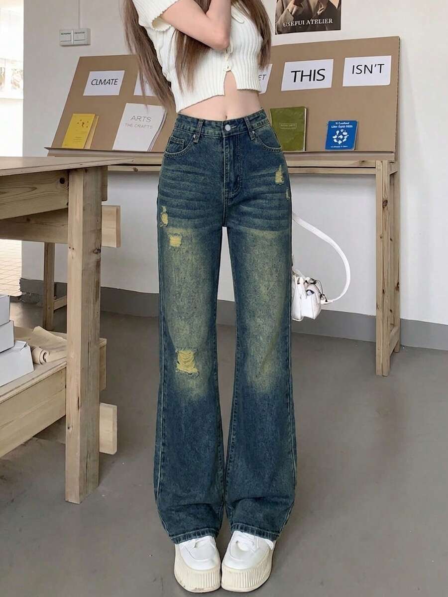 Women's Solid Color Mid-Waist Straight Leg Loose Ripped Casual Jeans - Blue - View 1