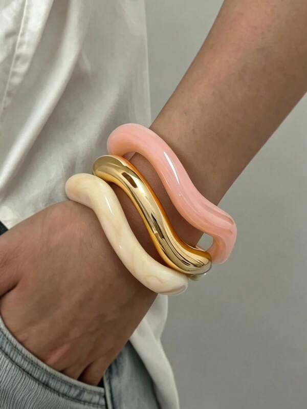 3pcs/Set Women's Vintage Elegant Bracelet Set, Fashion Minimalist CCB Resin Material Wavy Pink & White Gentle Style Bracelet, Casual Asymmetrical Geometric Open Cuff Bracelet, Suitable For Women's Daily Wear, Gift For Girlfriend