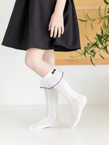 3雙女孩透氣百搭春夏季小腿襪，甜美蕾絲蝴蝶結飾邊兒童襪，適合日常休閒穿著 - 白色 - 查看 9