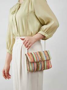 Women's Colorful Contrast Woven Fabric Magnetic Closure Small Square Crossbody Bag - Multicolor - View 6