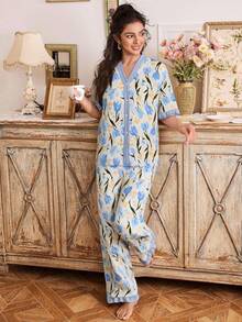 Women's Blue Tulip Floral Print Contrast Color V-Neck Ruffle Short Sleeve Button-Up Top + Wide Leg Pants 2-Piece Pajama Set - Multicolor - View 5