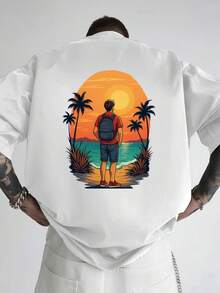 Camiseta de hombre con hombros caídos, camiseta holgada con estampado de doble cara para disfrutar de las puestas de sol en la playa y las vacaciones junto al mar, nueva ropa de hombre a la - Negro - Ver 8