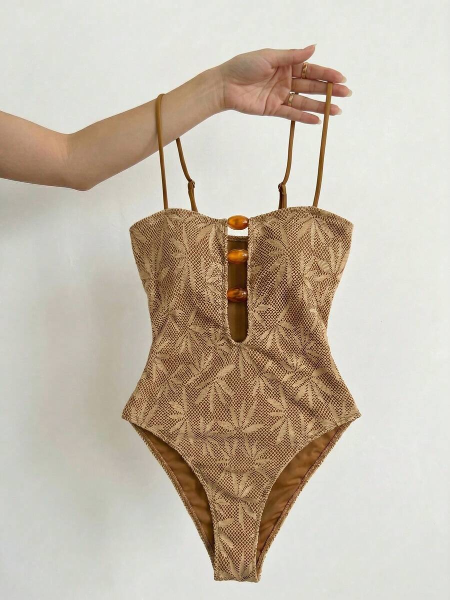 Bikinx Women's Chic Sleeveless Spaghetti Strap Boho One Piece Swimsuit With Cut Out Details And Textured Fabric High Stretch Short Bikini - 駝色 - 查看 1