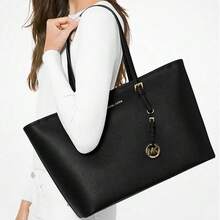 MICHAEL KORS MK Jet Set Travel Tote Bag With Logo Pendant, Solid Color, Vintage Style, Polyester, Medium Size, Women's, Black - 30F0GTVT6V-bLACK - View 5
