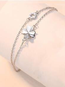 1pc S925 Sterling Silver Romantic Lucky Four-Leaf Clover Double Layer Bracelet, Minimalist Classic Design, Fresh Gentle Elegant High-End Versatile Women's Jewelry, Suitable For Daily Wear Exquisite Fashion Accessory, Perfect Gift - Four-leaf Clover - View 3