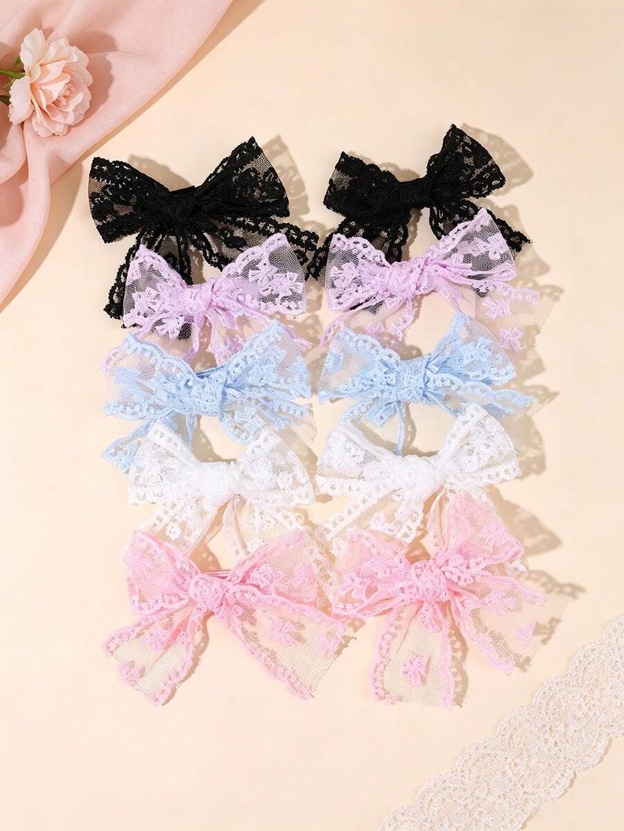 10/2入彩色薄紗蝴蝶結髮夾 蕾絲花朵刺繡髮飾 甜美可愛女孩學生適用 節日禮物 派對校園髮飾 - 彩色 - 查看 1