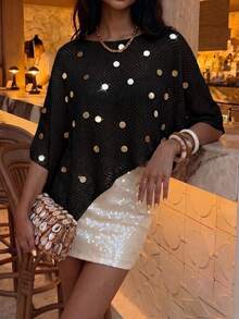 Summer New Beach Vacation Women's Knit Cover-Up, Solid Color Sequin Shawl, Semi-Sheer Knit Top - Black - View 6
