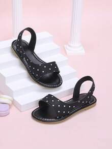 1 Paar süße weiße Punkt-Sommersandalen für Mädchen, Design mit seitlichen Ausschnitten, beige Kinder-Slip-On-Sandalen im Landhausstil, geeignet für Aufführungen, Partys, Zusammenkünfte, passende Outfits - Schwarz - Übersicht 2
