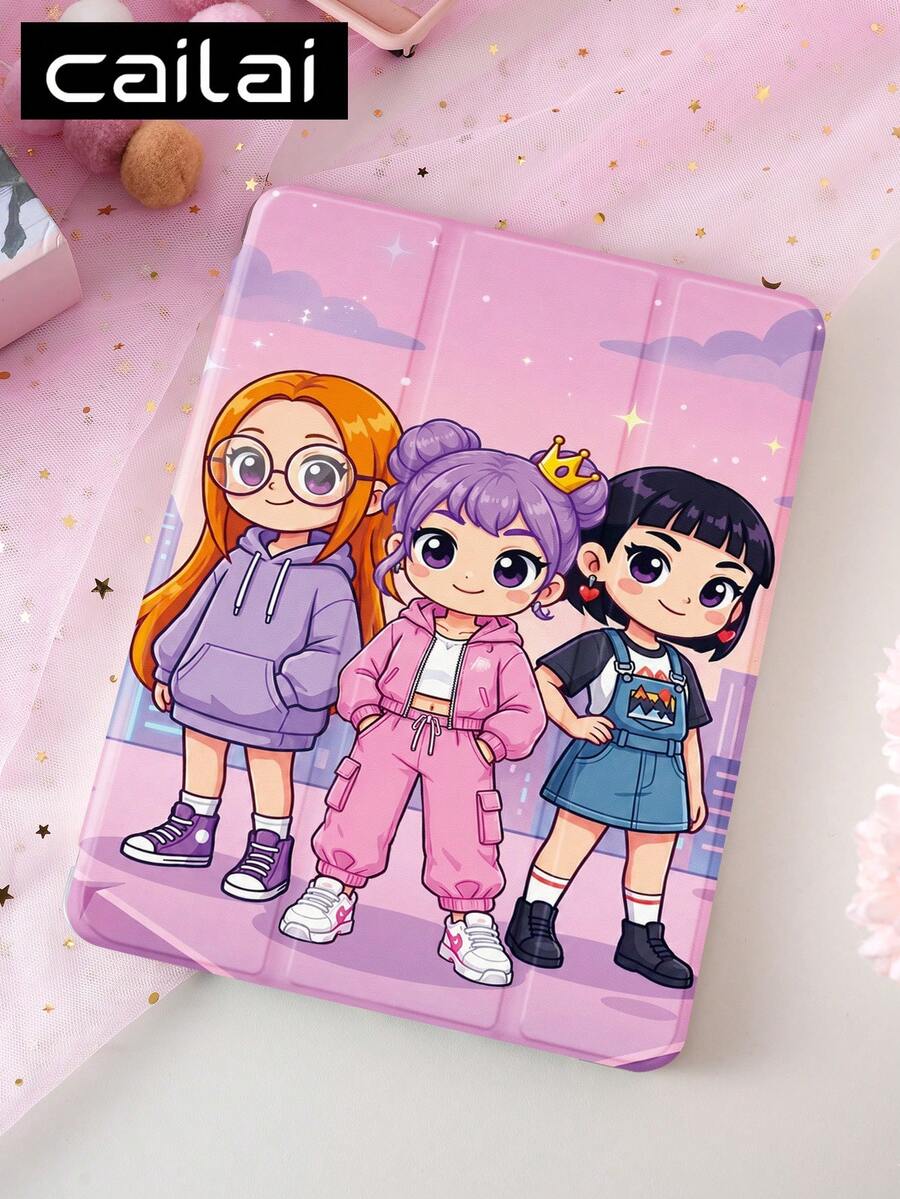 1pc 3 Anime Girls Pattern Design Tablet Protective Case, Compatible With IPad 10.2 Inch 2021/2020 10th/9th/8th Generation, (A16) 11 Inch 11th Generation 2025, Compatible With Samsung GalaxyTabA8 10.5 Inch 2022, Tablet Protective Case, Built-In Pen Slot, Supports Auto Sleep/Wake Cover - Multicolor - View 1