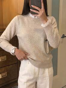 Women's Round Neck Loose Fit Long Sleeve Knit Top, Lace Trim 2 In 1, Solid Color Sweater, Suitable For Office Commute, Autumn/Winter Style - Apricot - View 8