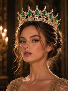 KOVLYNE 1Pc Gold Plated Crystal Crown - Teardrop Rhinestone Full Round Tiara, Styling Supplies For Wedding, Prom & Pageant - Multicolor - View 8
