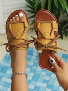 Nouvelles sandales plates d'été pour femmes, chaussures de plage de style romain décontractées et à la mode pour les vacances - Jaune citron - Voir 1
