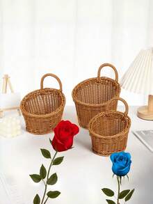 Plastic Woven Basket Kitchen Ginger Garlic Storage Basket Vintage Wall-Mounted Kitchen Utensil Storage Basket Handheld Decorative Small Flower Basket Mini Woven Basket Fruit Vegetable Basket Home Organization Storage Kitchen Utensils - Brown - View 8