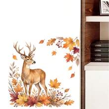 1pc Watercolor Deer Looking Curiously Wall Stickers Self-Adhesive Easy Peel & Stick Matte Finish For Bedroom Cabinet Decoration With Autumn Maple Leaves Oak Leaves Berries Rustic Hand Drawn Design Removable Waterproof Durable Home Art - A - View 7