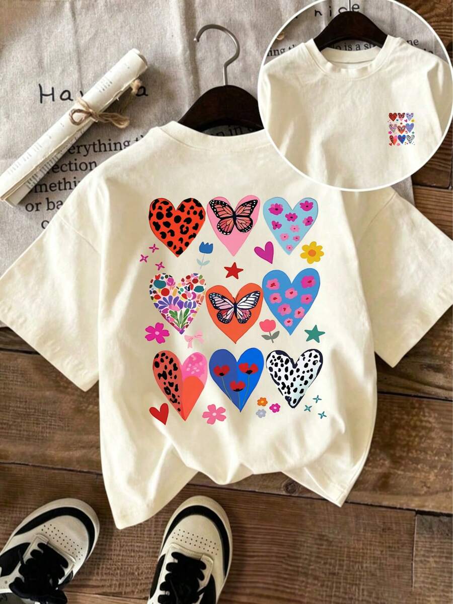 1pc Printed Pullover Short Sleeve T-Shirt For Tween Girls, Student Youth Children's Summer Top, Layering Piece For Autumn/Winter, INS Casual Streetwear Beach Vacation Airport Breakfast School Daily Outfit, Versatile Styling - Apricot - View 1