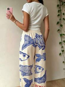 Women's Casual Comfortable Long Pants, Beach Style, Fish Theme Graffiti, Daily Wear - Multicolor - View 2