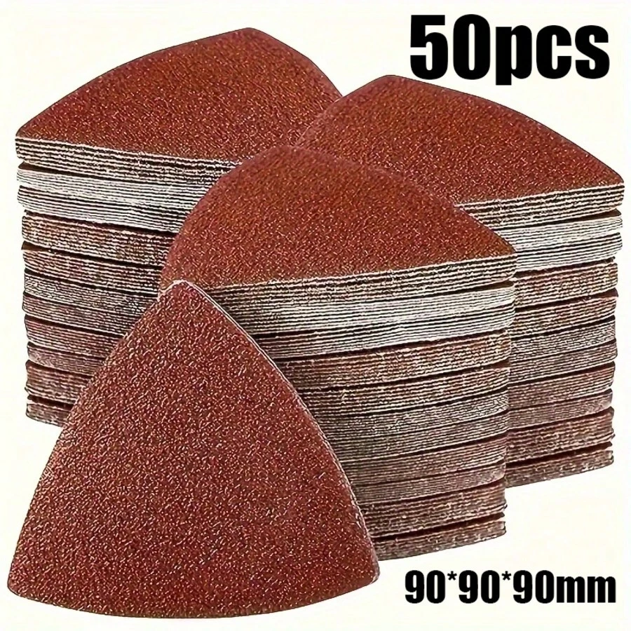50片裝三角形砂紙墊套組,90*90*90mm,3.54英吋三角形多功能工具相容,多種粒度(60/80/120/180/240),氧化鋁材質,魔鬼氈背膠,快速出效且表面光滑 - 紅色 - 查看 1