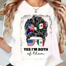 Camisetas de algodón con cuello redondo y estampado gráfico para mujer, camisetas casuales de manga corta de gran tamaño con lazo para el cabello con bandera americana y mexicana, camiset - Blanco - Ver 2