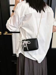 Black PU Chain Crossbody Bag With Sweet Pearl Bow Heart Charm, Versatile Small Shoulder Bag For Girls - A - View 5