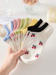 5 pares de calcetines cortos para mujer con estampado de flores, lazo y diseño de cereza, antideslizantes, sencillos y cómodos, adecuados para las estaciones de primavera y verano - Multicolor - Ver 1