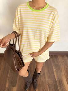 Vellofy Women's Casual Striped Two Pieces Set With Round Neck Short Sleeve Top And Shorts Summer - Yellow - View 5