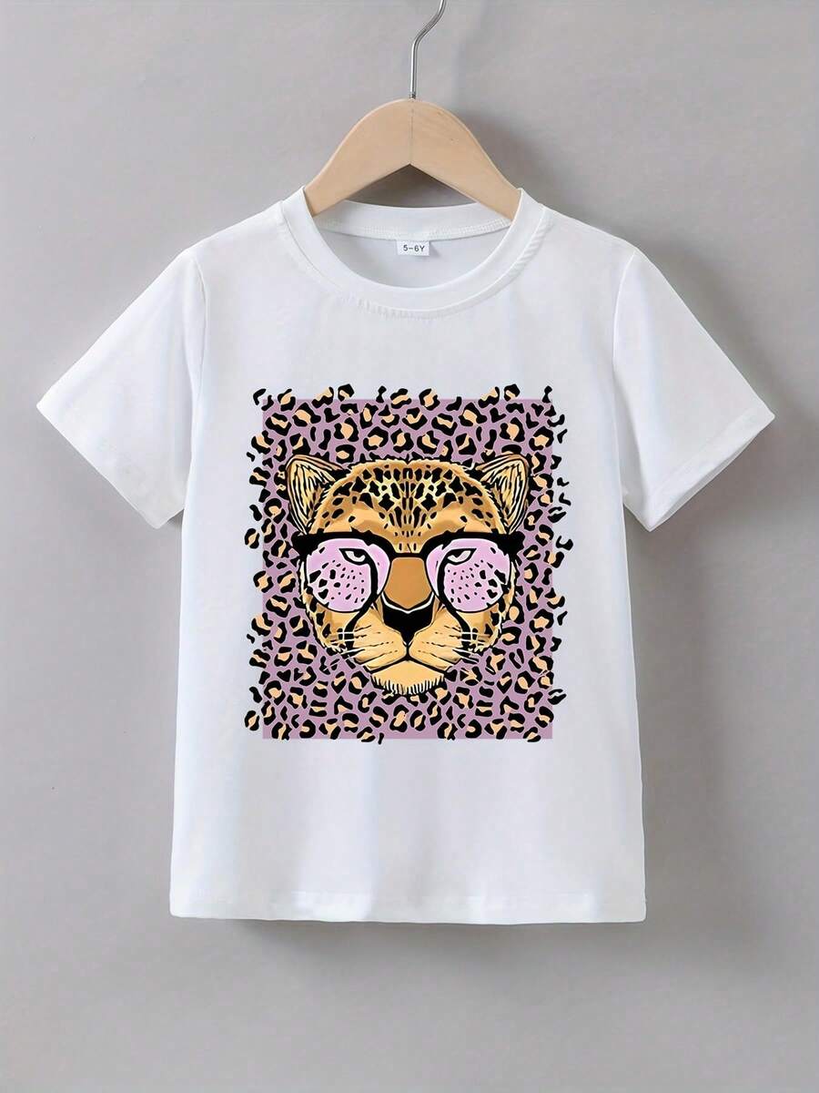 Camiseta de manga corta para niñas de 5 a 14 años con estampado gráfico de cara de leopardo - Diseño divertido y elegante que presenta un leopardo con gafas de sol rosas rodeado de manchas m - Negro - Ver 1