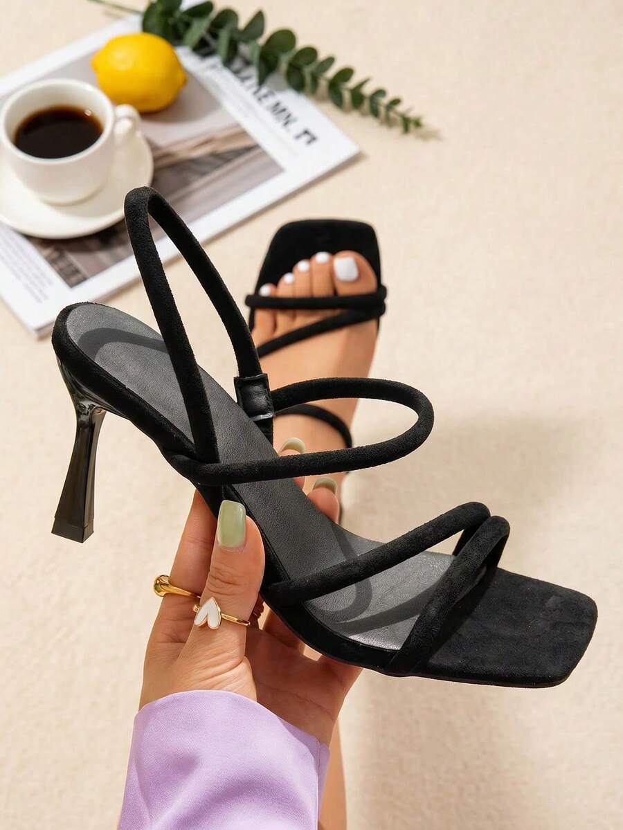 planare 女款時尚休閒優雅簡約舒適方頭細跟綁帶麂皮黑色夏季高跟涼鞋，細高跟鞋