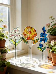 1pc Stained Floral Desktop Ornament Vertical Plant Display Stand With Clear Base Bohemian Windowsill Light Refraction Decor Home Decor Room Decor Ambient Craft For Bedroom Windowsill Living Room & Desk Multi-Pattern Flower Art Ornament - Multicolor - View 4