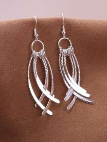 1 par de pendientes largos con borlas chapados en plata para mujer, 2 colores disponibles, pendientes con alas para uso diario con vestidos largos - Plateado - Ver 4
